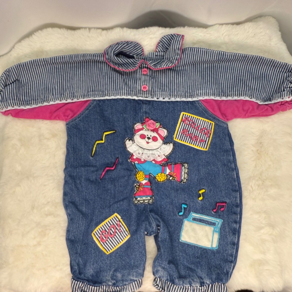 Vintage 90's Baby 6-9 mths Bubble Romper Teddy bear‎ Skating 100% Cotton Blue